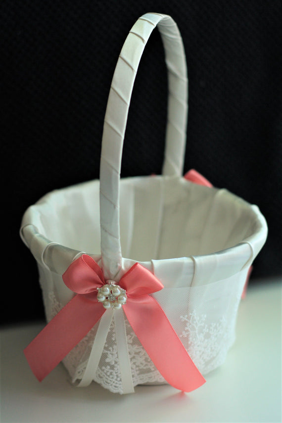 Coral Wedding Basket Coral Flower Girl Basket for Petals Coral Wedding ceremony Basket for Flowers Wedding Accessories Ivory Basket Pillow