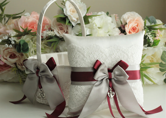 Gray Flower Girl Basket Gray burgundy Wedding Basket Gray Ring Bearer Pillow Wedding Ring Pillow Basket Set Ring Holder Lace Flower basket