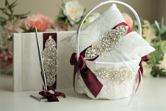Burgundy Flower Girl Basket and Ring Bearer Pillow Flower Basket Marsala Ring Pillow Maroon Wedding Basket Guest Book and Pen Wedding Pillow