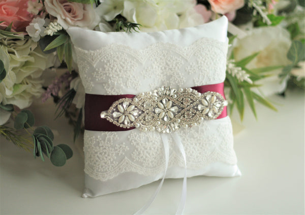 Burgundy Ring Pillow Lace Wedding Pillow Ring Bearer Pillow for Rings Red Ring Holder Lace Ring Pillow Wedding Ceremony Pillow Ring Cushion