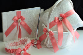 Coral Flower Girl Basket & Ring bearer Pillow Set, Coral Guest Book with Pen, Coral Bridal Garter Set