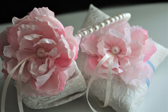 Pink Flower Girl Basket Lace Wedding Basket Pink Ring Bearer Pillow Lace Ring Pillow Basket Set Ivory Wedding Pillow Pink Wedding Basket