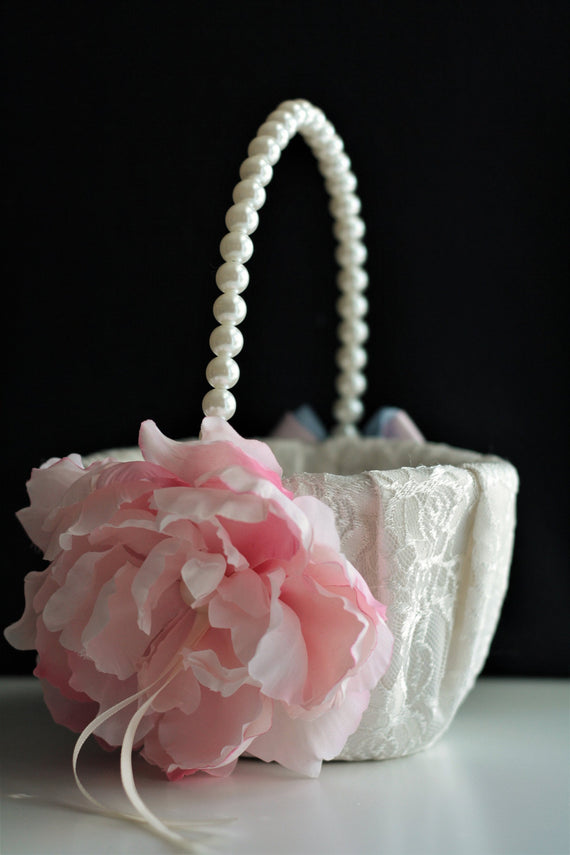 Pink Wedding Basket Lace Flower girl Basket Pink Flower Basket for flowers Wedding Ceremony Basket Pink Wedding Accessories Lace Pink Basket