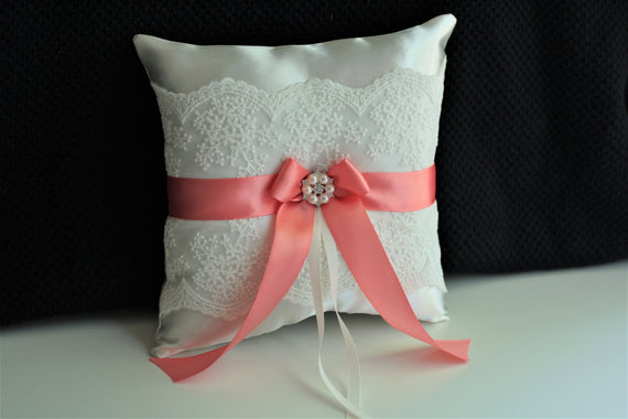 Coral Ring Bearer Pillow Coral Wedding Pillow Coral Ring Holder Lace Ring Pillow and Basket Coral Pillow for Rings Wedding Ceremony Pillow