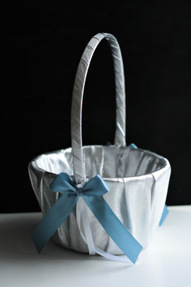 Silver Flower Girl Basket Antique Blue Basket Silver Wedding Basket Pillow Set Silver Basket for Petals Basket for Flowers Wedding Box