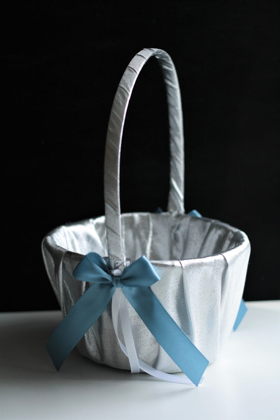 Silver Flower Girl Basket Antique Blue Basket Silver Wedding Basket Pillow Set Silver Basket for Petals Basket for Flowers Wedding Box