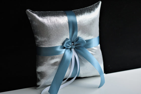 Silver Ring Pillow Ring Bearer Pillow Steel Blue Pillow Blue Wedding Pillow Silver Ring Bearer Pillow for Rings Wedding Ceremony Pillow