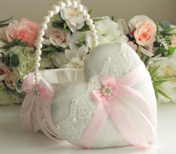 Pearl Wedding Basket Blush Ring bearer Pillow Blush Flower Girl Basket Pillow set Wedding Ring Pillow Ring Holder Pink Flower Basket