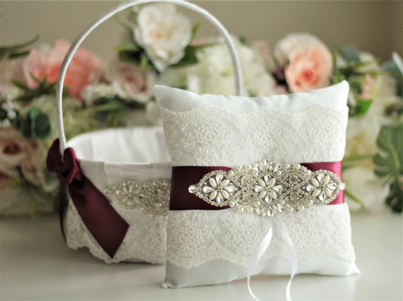 Burgundy Ring Bearer Pillow and Flower Girl Basket Wedding Basket Marsala Ring Pillow Maroon Flower Basket Guest Book and Pen Wedding Pillow