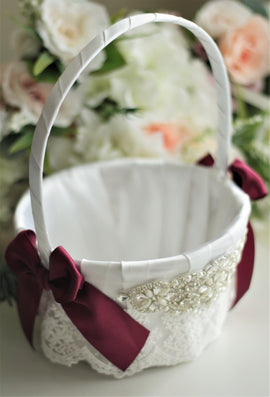 Burgundy Wedding Basket Flower Girl Basket Wedding Ceremony basket Lace Basket for flowers Red Flower Basket Burgundy Basket pillow set
