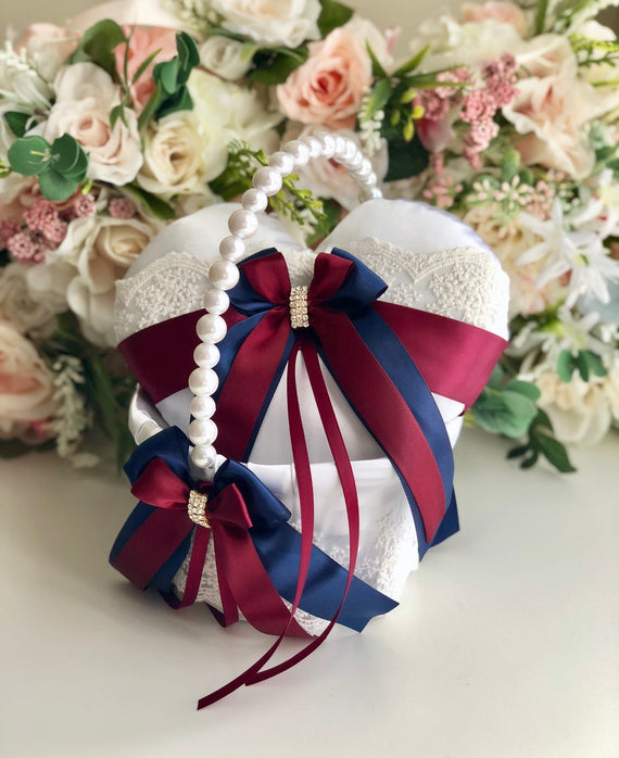 Navy Flower Girl Basket and Burgundy Ring Pillow / Pearl Handle Basket / Red Wedding Basket / Heart Ring Pillow / Navy Ring Bearer Pillow