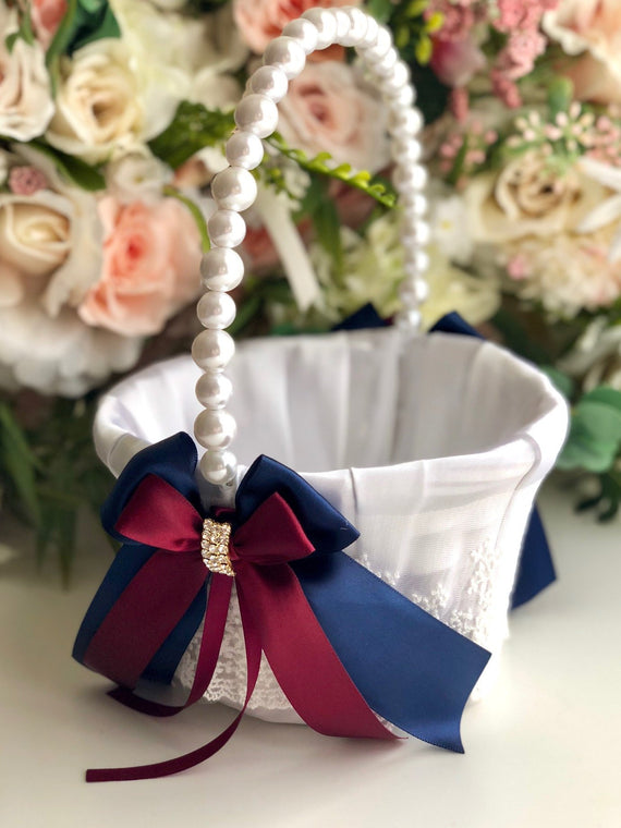 Burgundy Flower Girl Basket, Flower Basket, Wedding Decor, Wedding Accessories, fabric basket lace basket antique basket wedding decorations