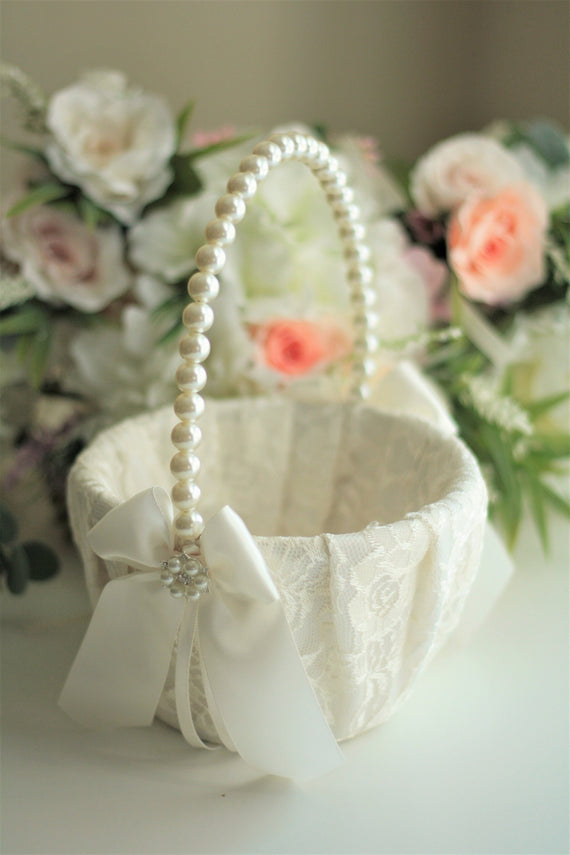 Lace Flower Girl Basket, Ivory Wedding Basket, Flower Girl Bag, Flower Girl Gift Proposal Small Basket Twig Basket Flower Girl Baskets, pail