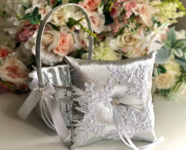 Silver Ring Bearer Pillow & Silver Flower Girl Basket Silver Wedding Basket Silver Ring Holder Silver White Wedding Ring Pillow Basket Set