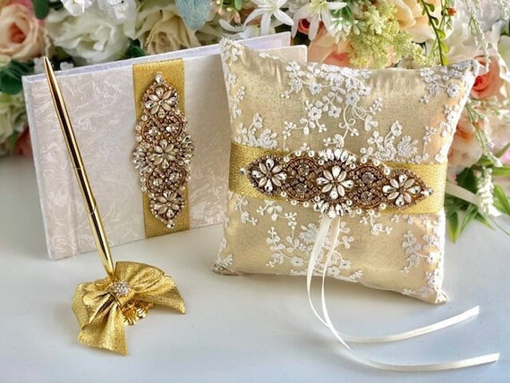 Gold Ring Pillow, Lace Ring Cushion, Gold Wedding Ring Pillow, Gold Guest Book with Pen, Ring Bearer Pillow, Ringkissen, Lace Ring Pillow