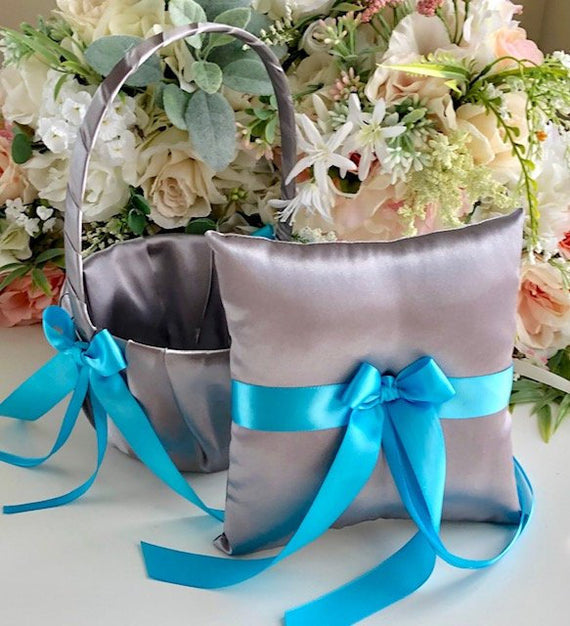Gray Flower Girl Baskets and Ring Bearer Pillow, Gray Flower Basket, Turquoise Pillow for rings, Gray Turquoise Wedding Basket, Ring Holder