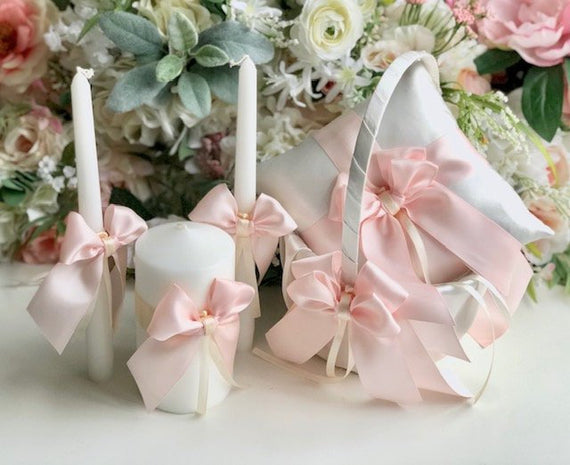 Blush Flower Girl Basket, Blush Ring Bearer Pillow, Blush Pink Unity Candle Set