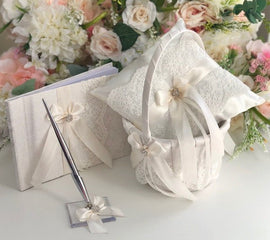 Off-White Ring Bearer Pillow and Flower Girl Basket, Ring Pillow Wedding, Pillow Ring Bearer, Ring Bearer Set, Lace Flower Girl Basket