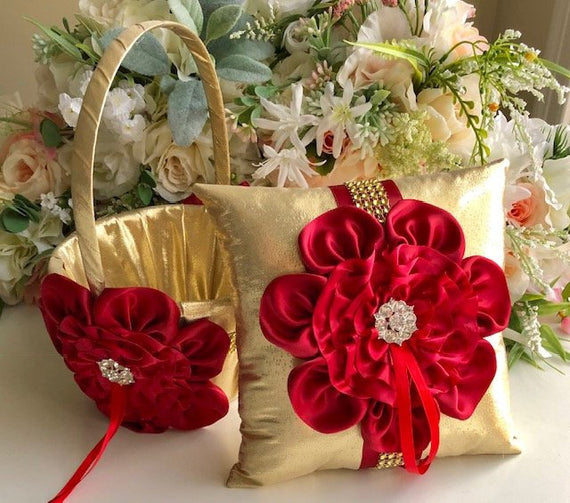 Gold Ring Bearer Pillow and Flower Girl Basket, Marsala Ring Pillow, Red Wedding Basket, Gold Ringkissen, Apple Red Wedding Pillow for ring