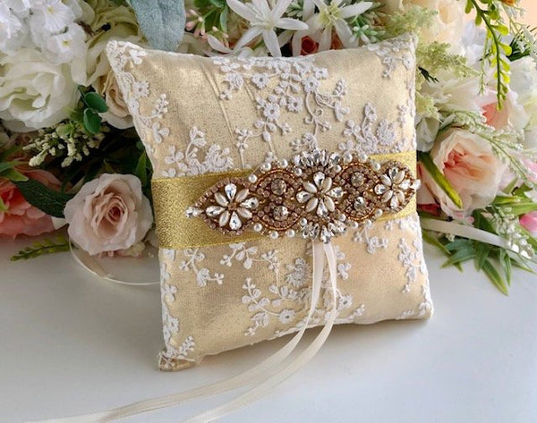Gold Ring Bearer Pillow / Gold Ring Pillow / Gold Wedding Pillow / Gold Ring Holder / Ivory Gold Pillow for Wedding / Lace Wedding Pillows