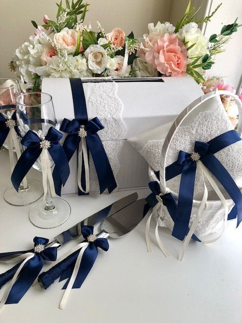 Navy Flower Girl Basket, Blue Wedding Pillow, Navy Guest Book and Pen, Navy Card Box, Blue Money Box, Navy Blue Wedding Basket