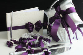 Flower Girl Basket and Ring Bearer Pillow, Plum Guest Book and Pen, Plum Cake Serving Set
