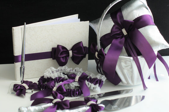 Flower Girl Basket and Ring Bearer Pillow, Plum Guest Book and Pen, Plum Cake Serving Set