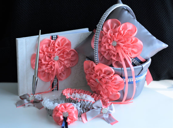 Coral Gray Flower Girl Basket, Ring Bearer Pillow, Guest Book with Pen, Coral Bridal Garter Set