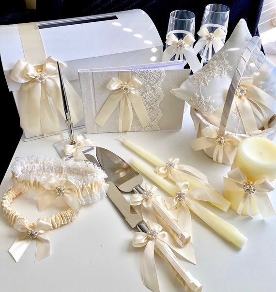 Ivory Flower Girl Basket, Ivory Wedding Pillow, Ivory Guest Book and Pen, Ivory Card Box, Ivory Money Box, Ivory Wedding Basket
