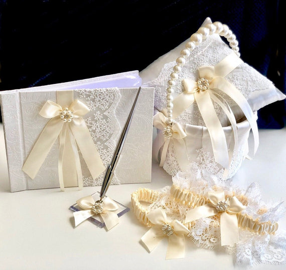 Ivory Wedding Accessories, Flower Girl Basket, Ring Bearer Pillow, Ivory Guest Book and Pen