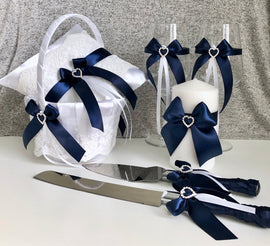 Navy Flower Girl Basket, Blue Wedding Pillow, Navy Cake Serving Set, Blue Money Box, Navy Blue Wedding Basket, Heart Brooch
