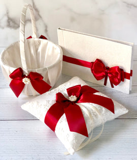 Marsala Wedding Flower Girl Basket and Ring Bearer Pillow, Red Guest Book with Pen