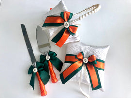 Orange Hunter Green Flower Girl Basket and Ring Bearer Pillow Set, Cake Serving Set