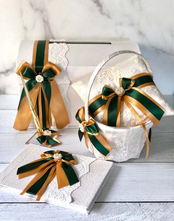 Gold Hunter Green Flower Girl Basket, Ring Pillow, Card Box, Guest Book and Pen