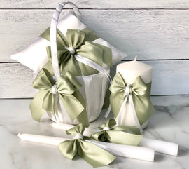 Sage Green Flower Girl Basket, Green Ring Bearer Pillow, Sage Green Unity Candle Set