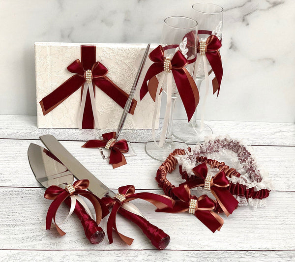 Rose Gold Burgundy Flower Girl Baskets, Ring Bearer Pillow, Guest Book with Pen, Cake serving Set, Bridal Garters