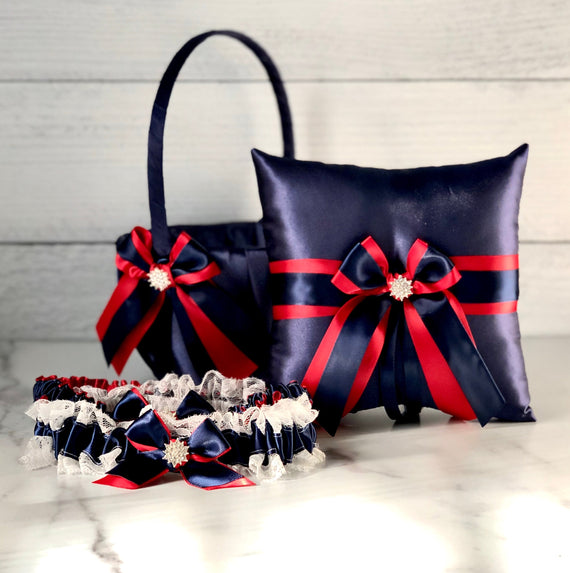 Navy Flower Girl Basket, Navy Ring Bearer Pillow, Navy Bridal Garter Set