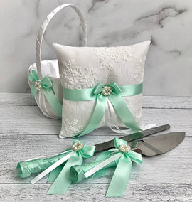 Mint Flower Girl Basket, Mint Ring Pillow, Mint Cake Serving Set