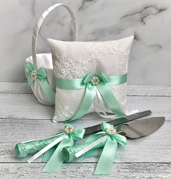 Mint Flower Girl Basket, Mint Ring Pillow, Mint Cake Serving Set