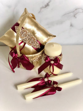 Burgundy Gold Wedding Ring Pillow, Gold Flower Girl Basket, Gold Unity Candle Set