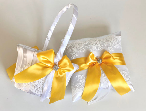 Mustard Yellow Wedding Pillow and Flower Girl Basket, Sunflower Yellow Flower Basket, Yellow Ring Pillow, Ring Bearer Pillow, Wedding Basket