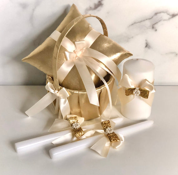 Gold Ivory Flower Girl Basket, Ring Bearer Pillow, Wedding Unity Candle Set