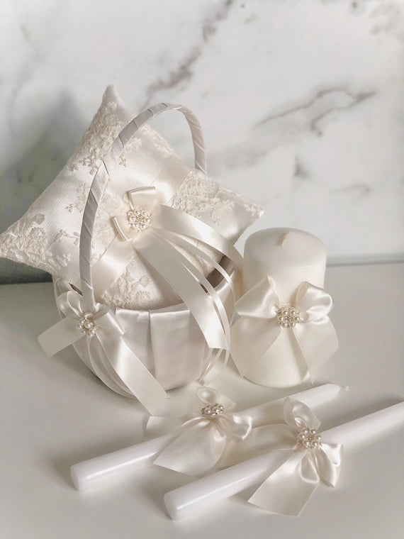 Off White Flower Girl Basket and Ring Bearer Pillow Set, Unity Candle Set