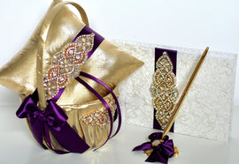 Gold Plum Flower Girl Basket & Ring Bearer Pillow, Plum Guest Book and Pen
