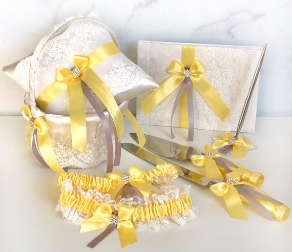Canary Yellow Wedding Flower Girl Basket, Ring Bearer Pillow, Guest Book with Pen, Bridal Garter Set, Cake Serving Set