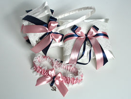 Flower Girl Basket and Ring Bearer Pillow Set, Ballet Pink Navy Wedding Garter, Pink Bridal Garter, Anchor Wedding Basket, Nautical Wedding
