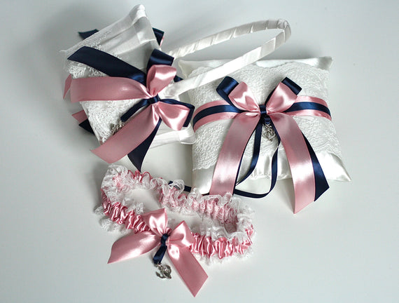 Flower Girl Basket and Ring Bearer Pillow Set, Ballet Pink Navy Wedding Garter, Pink Bridal Garter, Anchor Wedding Basket, Nautical Wedding