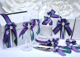 Peacock Wedding Set, Teal Flower Girl Basket and Ring Bearer Pillow Set, Peacock Guest Book, Teal Card Box Champagne Flutes Cake Serving Set