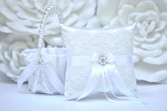 White flower girl basket and ring bearer pillow set