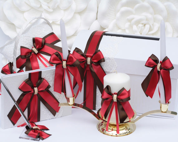 Wedding Accessories Set, Brown and Red Flower Girl Basket, Ring Bearer Pillow, Guest Book, Unity Candles, Wedding Card Box, Wedding Basket